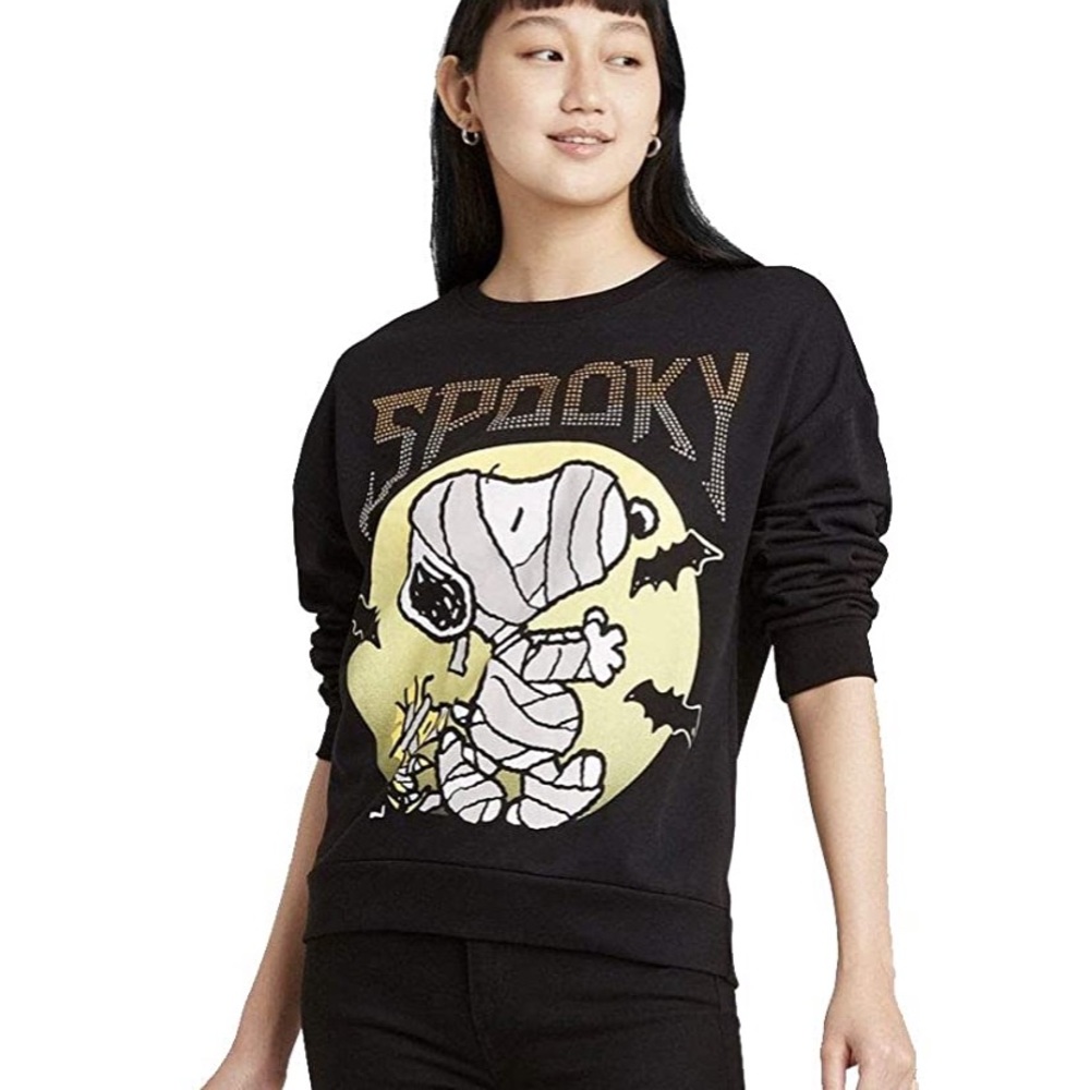 Peanuts Black Spooky Snoopy Halloween Pullover Sweatshirt Sweater Juniors M NEW